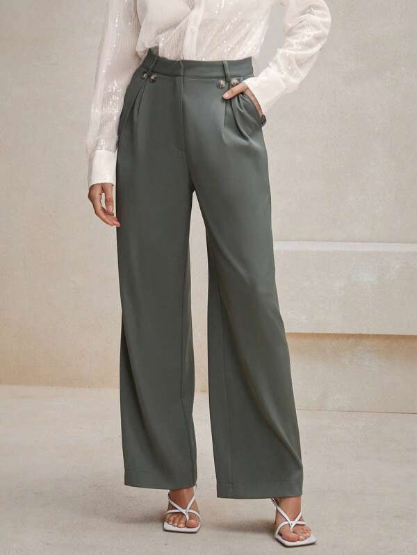 Anewsta Texture Old-Money Style Symmetrical Pleated Waistband Design Women Green Suit Trousers