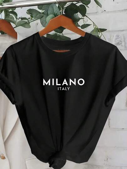 Flirla 标语大码圆领 T 恤，纯色和字母印花图案 T 恤女式上衣