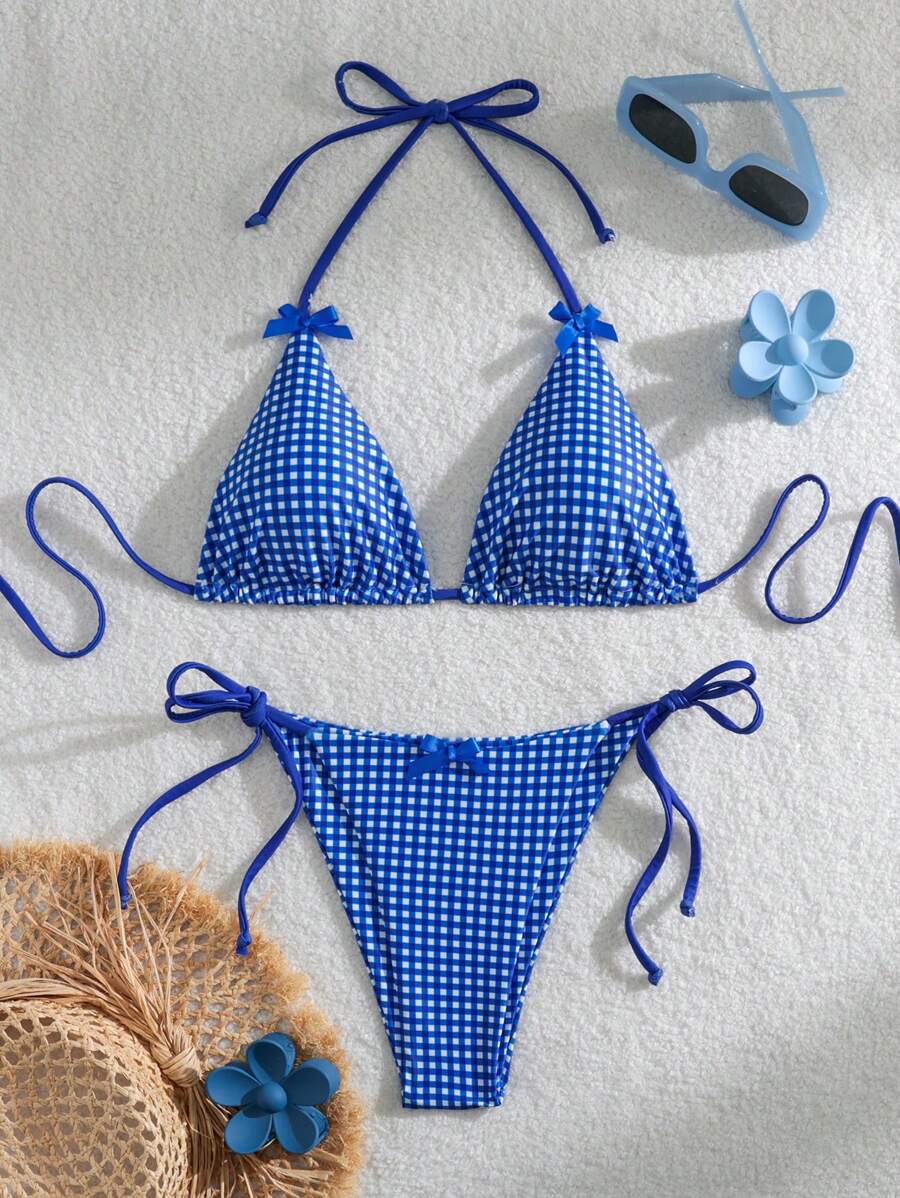 Swim Mod Bộ bikini dây yếm cổ yếm trang trí hình con bướm dành cho nữ, có in hình, ngẫu nhiên - Xanh và trắng - Xem 1
