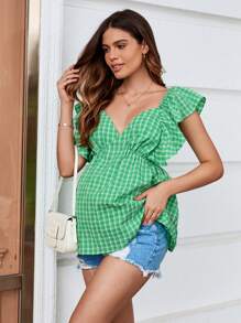 SHEIN Maternity Young Sporty Casual Chic Deep V-Neck Grid Pattern Longline Top - Green - View 4