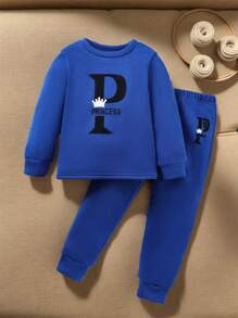 SHEIN Young Girl Crown & Letter Graphic Sweatshirt & Sweatpants - Blue - View 1