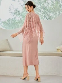 SHEIN 孕婦圓領純色優雅連衣裙，配斗篷袖設計 - 粉色 - 查看 2