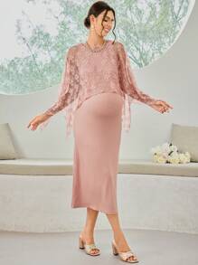 SHEIN 孕婦圓領純色優雅連衣裙，配斗篷袖設計 - 粉色 - 查看 5