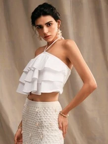 Anewsta Fresh Layered Ruffle Hem White Women Halter Tank Top - White - View 7