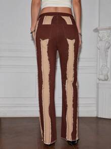 SHEINNeu Women's Fashionable And Elegant Denim Pants With Contrast Color Pockets And Fringed Hem - Multicolor - View 2