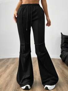 SHEIN EZwear 女士純色束腰休閒喇叭褲，帶口袋 - 黑色 - 查看 3