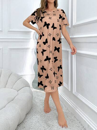 Able Women Butterfly Allover Print Short Sleeve Pajama Night Dress view 5