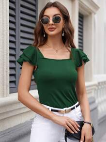 Clasi Camiseta de manga corta de unicolorcasual de verano para mujer - verde oscuro - Ver 5