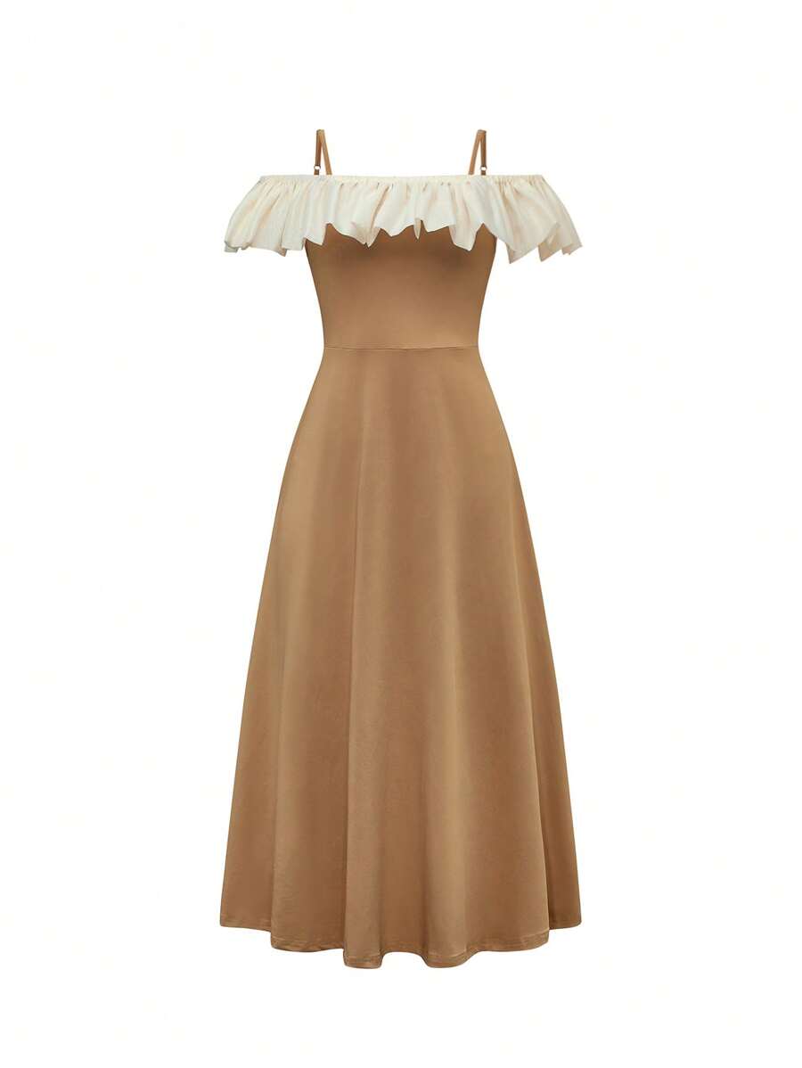 Teen Girl Summer Color Block Splice Ruffle Trim Cami Dress - Khaki - View 1