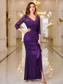 MIUSOL V Neck Contrast Lace Ruffle Satin Evening Party Maxi Formal Dress Elegant Prom Wedding Guest Gown, For Graduation, Dinner