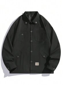 Chillumni Camisa informal con botones y mangas largas para hombre con parche con letra - Negro - Ver 1
