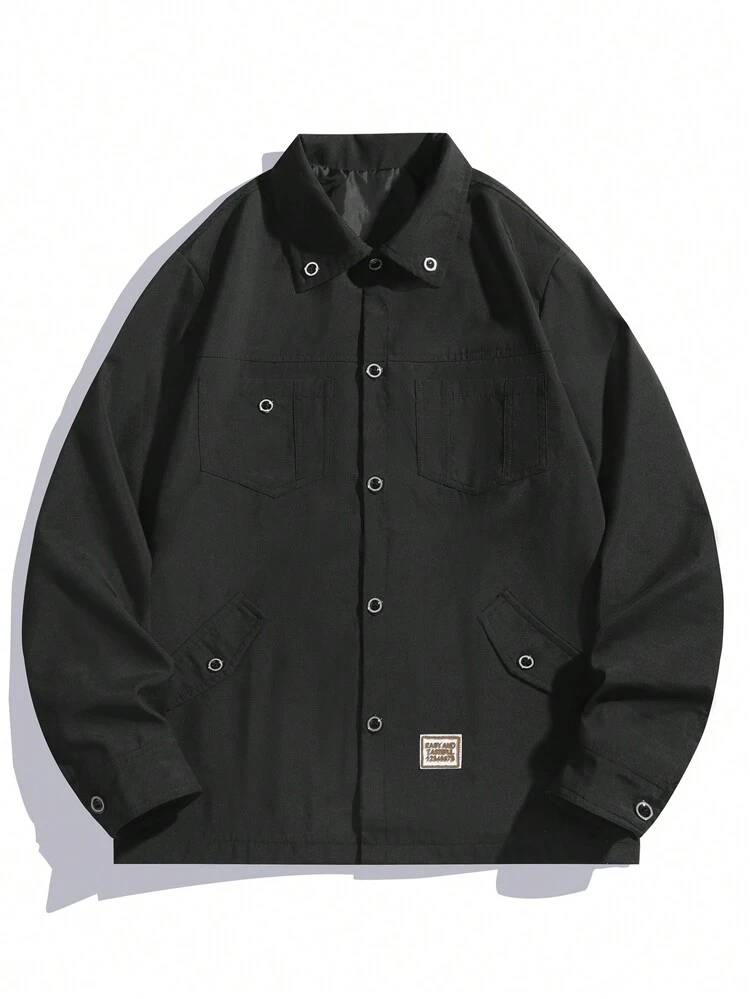 Men's Button-Front Long Sleeve Casual Shacket With Letter Patch