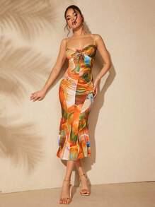 SHEIN Unity Abito canotta donna estivo con stampa completa, nodo intrecciato e orlo asimmetrico plissettato