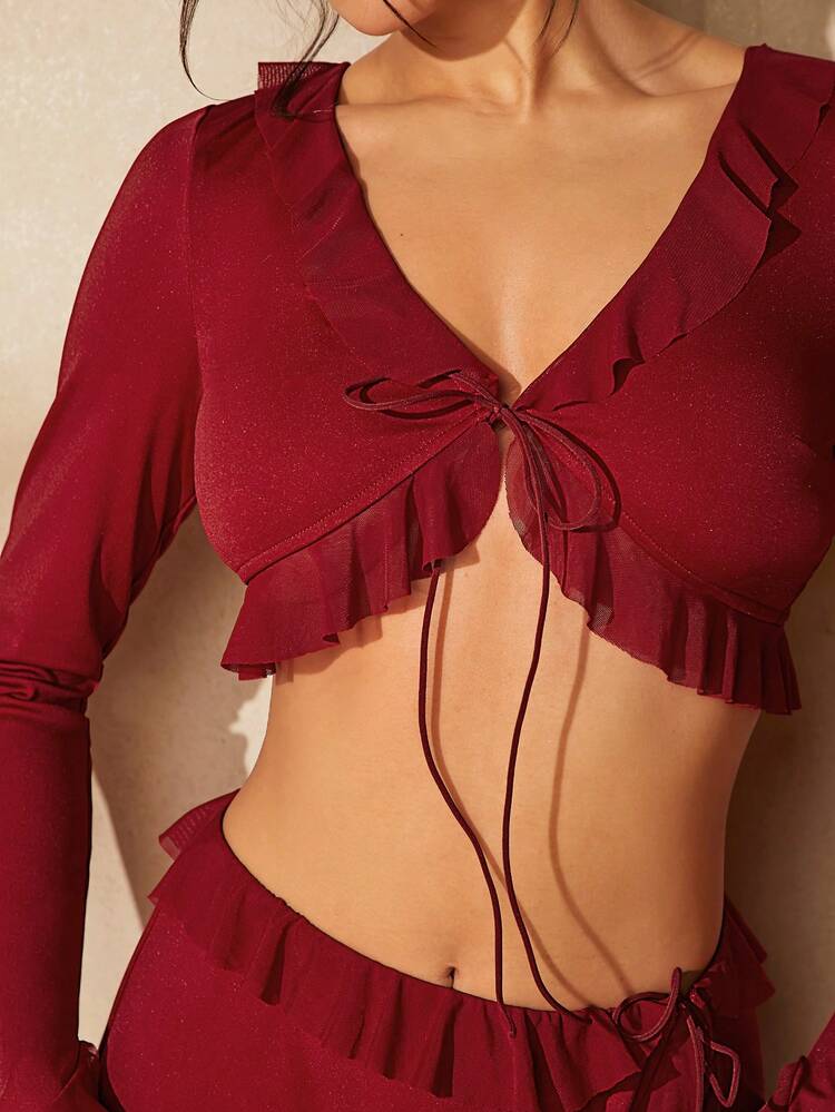 Ruffle Tie Top & Split Skirt Two Pieces Set