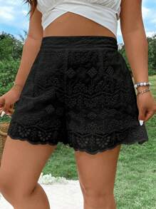 Flirla Ladies' Solid Color Simple Casual Embroidered Plus Size Shorts For Daily Wear - Black - View 3