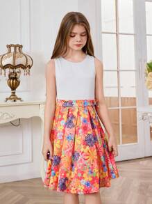 Tween Girl Casual Back Lace-Up, Hollow Out, Pleated Dress With Playful Print Design, Princess Dress - White - View 3