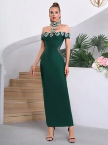 Modphy 新款女款黑色露肩性感重工奢華鑽飾緊身長版繃帶裙 婚禮伴娘禮服 正式晚宴派對洋裝 - 墨綠色 - 查看 1