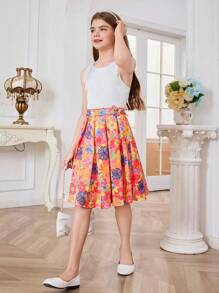 Tween Girl Casual Back Lace-Up, Hollow Out, Pleated Dress With Playful Print Design, Princess Dress - White - View 4