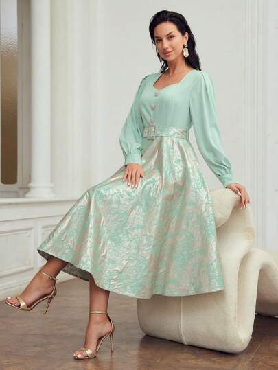 MOTF PREMIUM 甜心頸燈籠袖提花擺襬扣帶連衣裙