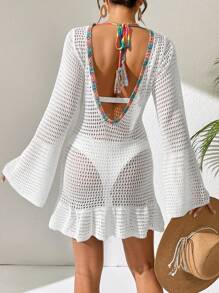 Swim Vcay Summer Clothes Women's Backless Knitted Dress With Hollow Out Cover Up Summer - White - View 1