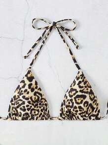 SHEIN Swim Women's Leopard Print Halter Neck Triangle Bikini Top For Summer, Random Print,Summer Beach - Multicolor - View 4