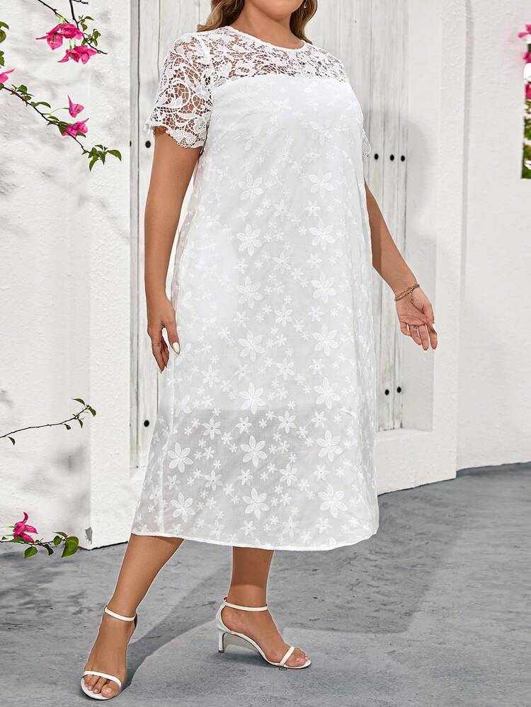 Embroidered Plain & Soluble Lace Patchwork White Elegant Vacation Dress