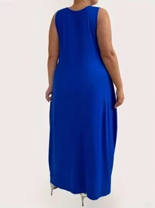 SHEIN LUNE Summer Plus Size Women Simple Printed Solid Color Sleeveless Dress - Royal Blue - View 2