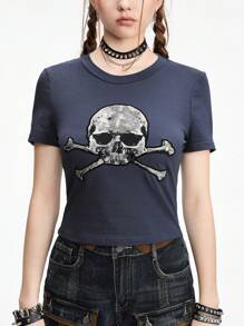 ROMWE Grunge Punk Skeleton Patterned Tight-Fitting Women T-Shirt, Dark Punk Style - Cadet Blue - View 6