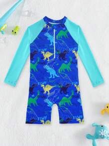 男孩夏日假日恐龍印花連體泳衣，海灘服裝 - 藍色 - 查看 3