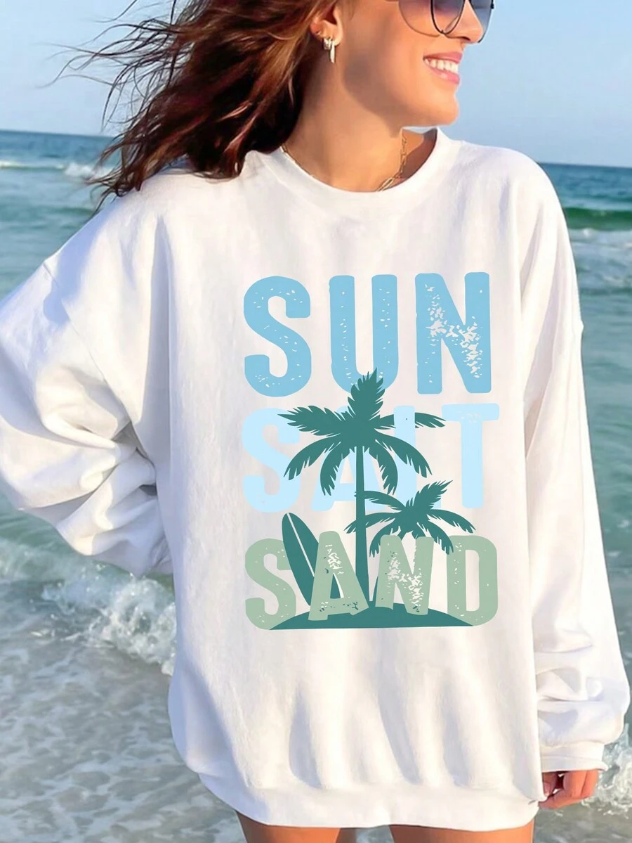 SHEIN EZwear Áo len ống rộng in chữ cây dừa đi biển - trắng - Xem 1