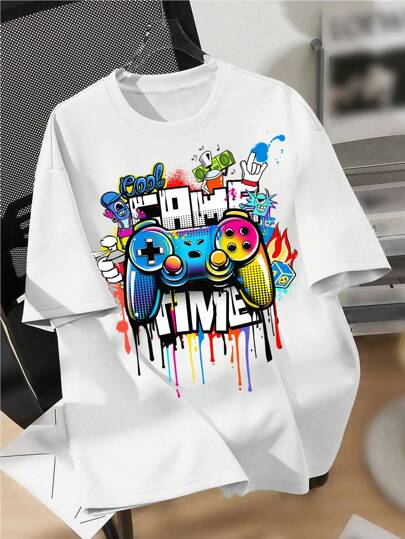 SHEIN Teen Boy Casual Video Game Pattern Short Sleeve T-Shirt, Cotton Blend, Suitable For Summer