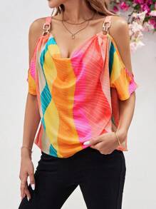 SHEIN Clasi 女款粉色條紋夏季優雅度假驕傲月露肩上衣，垂領拼接色塊金屬扣襯衫，適合夏季度假穿搭 - 彩色 - 查看 8