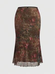 ROMWE PUNK Plus Size Vintage Tie Dye Flower Print Mermaid Skirt