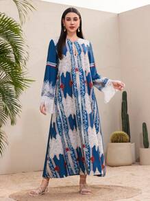 Al Najma Women's Vintage Printed Fringed Sleeve Cuff Dress - Blue - View 5