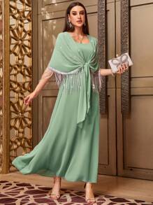 Al Najma Elegant Rhinestone Tassel Decorated Batwing Sleeve Long Dress With Straps, Summer