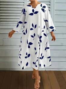 SHEIN LUNE Summer Plus Size Notched V-Neck Printed Casual Long Sleeve Dress - White - View 3