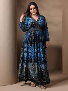 Imprimare aleatorie pentru femei de dimensiuni plus mari, stil arab simplu de zi cu zi - Albastru - Vizualizare 6