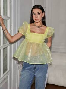 SHEINNeu Top estivi per le vacanze delle donne con maniche a sbuffo in mesh e scollo quadrato - Giallo - Visualizzare 1