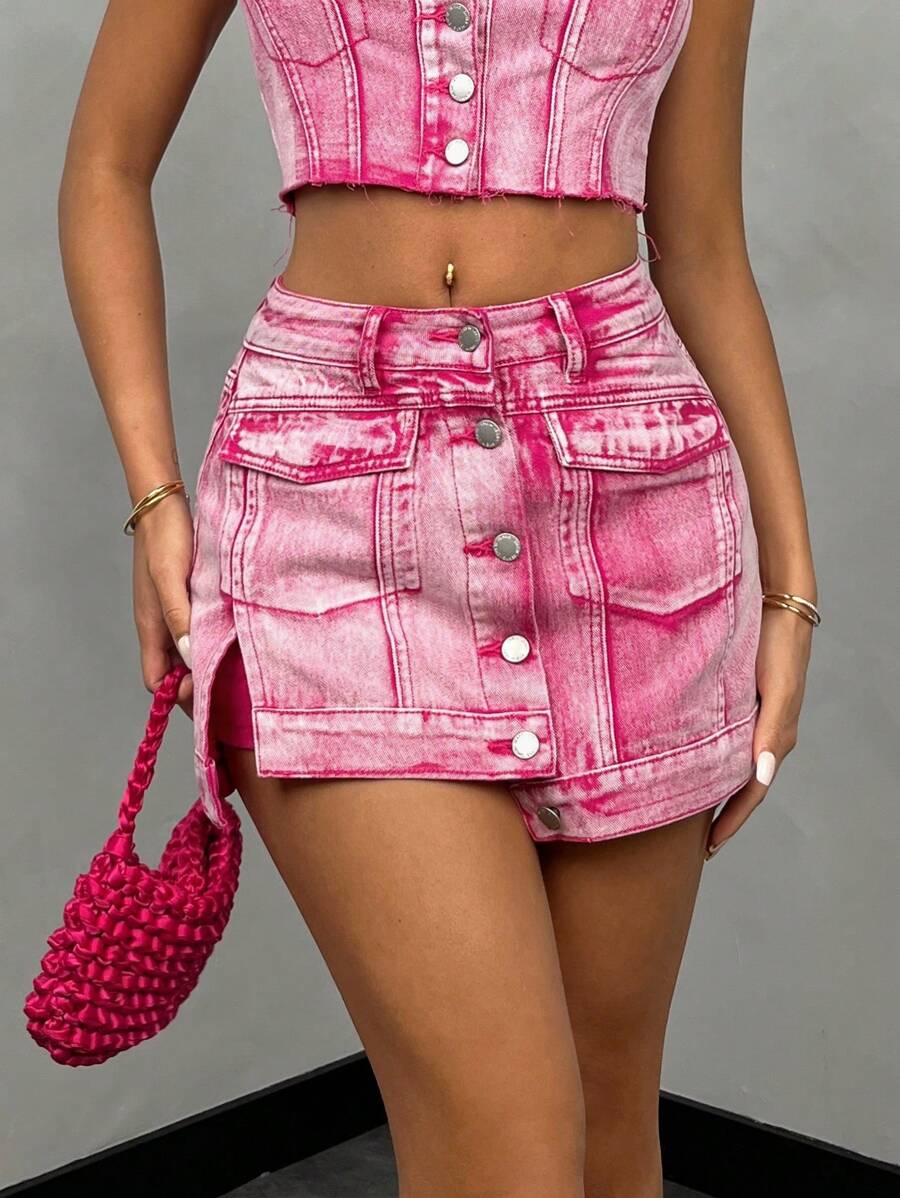 SHEIN BAE Váy quần jean ngắn màu hồng cài cúc phía trước & Quần short nữ & Mùa hè & Lễ hội nhạc điện tử & Quần short jean & Buổi hòa nhạc đồng quê & Mùa hè - Hồng - Xem 1