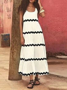 Breezaya Wave Lace A-Line Casual Holiday Style Spaghetti Strap Dress - Beige - View 1