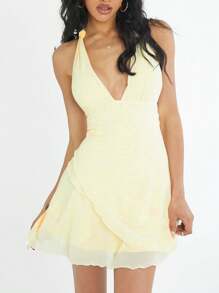 SHEIN EZwear Women Light Yellow Mesh Halter Dress,Summer Dresses For Women,Tea Party Dress,Pastel Dresses For Women