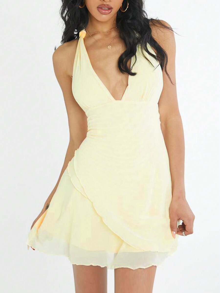 SHEIN EZwear Women Light Yellow Mesh Halter Dress,Summer Dresses For Women,Tea Party Dress,Pastel Dresses For Women