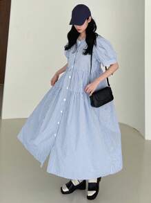 DAZY 女士條紋蓬蓬袖拼接公主風格洋裝 - 藍色 - 查看 10