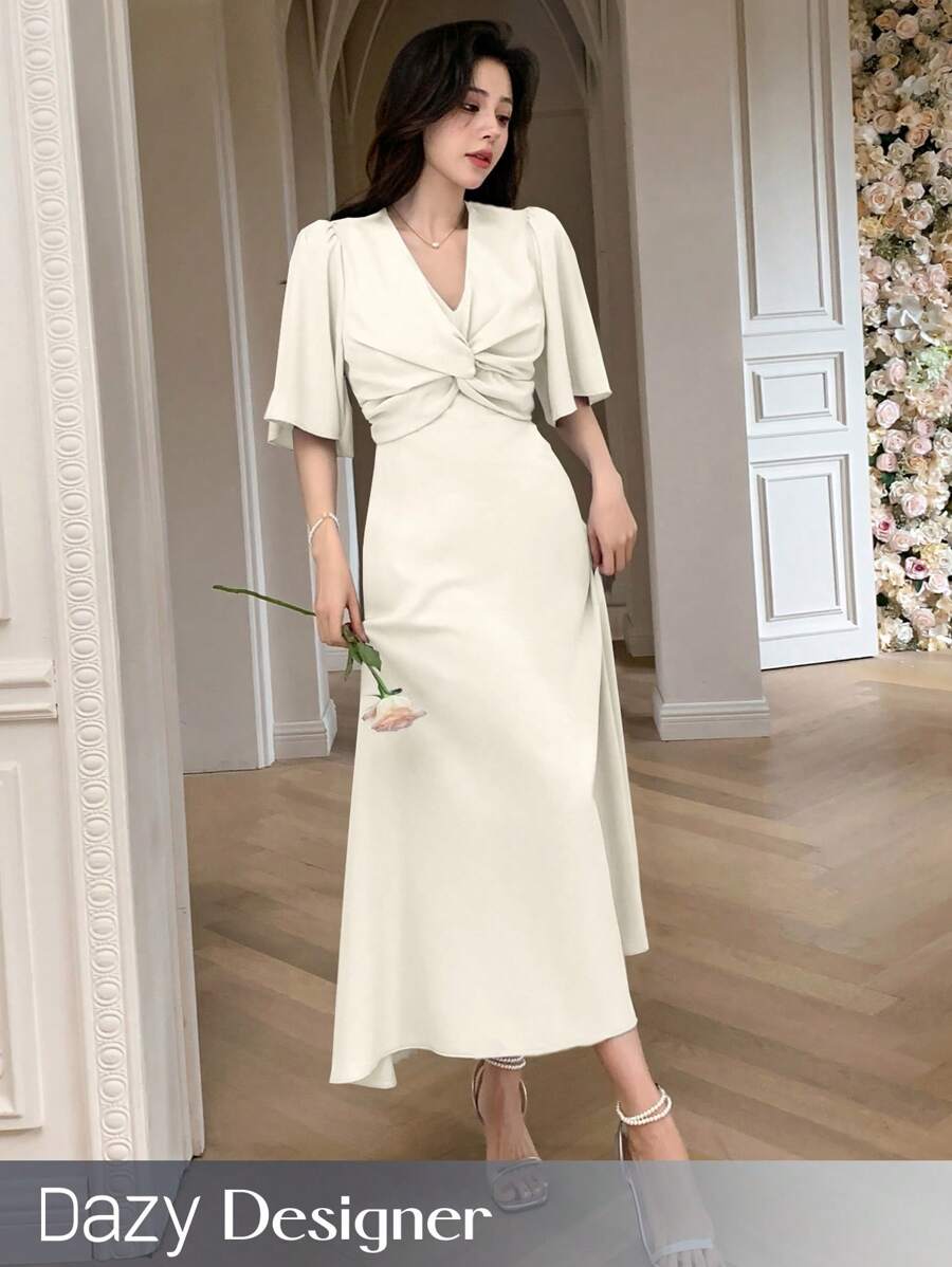 Dazy Designer Elegant V-Neck Twist Design Long Summer Dress Sundress,Dress For Wedding - Beige - View 1