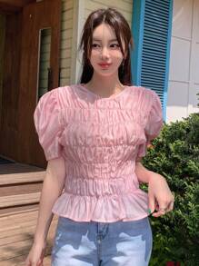 DAZY 女士夏季休闲纯色泡泡袖衬衫，宽松版型，荷叶边长袖 - 粉色 - 查看 7