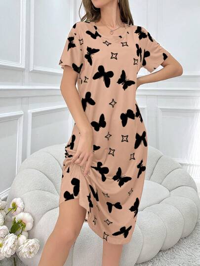 Able Women Butterfly Allover Print Short Sleeve Pajama Night Dress view 2