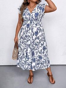 SHEIN LUNE Plus Size V-Neck Floral Print Ruffle Hem Tie Waist Vacation Dress, Women Summer Outfit