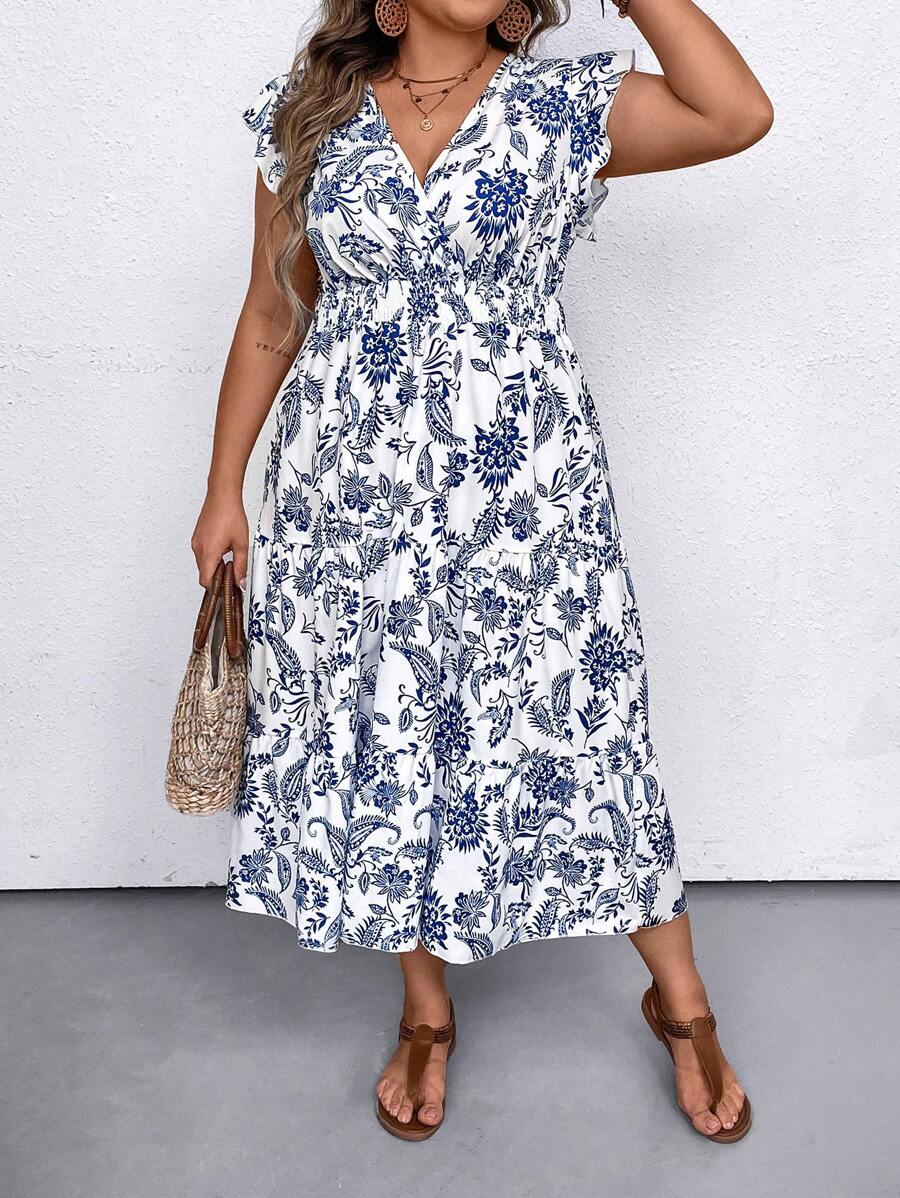 SHEIN LUNE Plus Size V-Neck Floral Print Ruffle Hem Tie Waist Vacation Dress, Women Summer Outfit