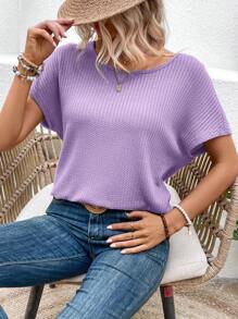 Breezaya Women's Summer Solid Color Round Neck Short Sleeve T-Shirt With Lace Back Panel And Knot Detail, Casual