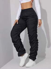 SHEIN Unity Ladies Ruched Parachute Material Long Pants - Black - View 1